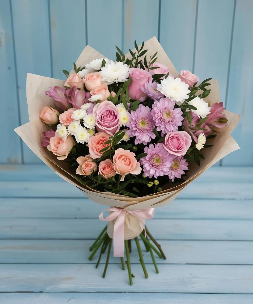 Букет цветов из: Хризантемы, Розы и Альстромерии в Ялге